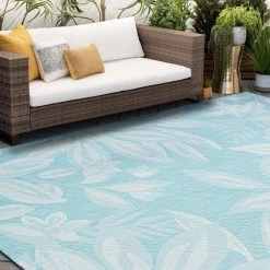 Eco Floral Aqua 8 ft. Round Indoor/Outdoor Area Rug by Tayse Rugs -Malibu Wide Plank Shop aqua tayse rugs area rugs eco1706 8rnd 44 1000