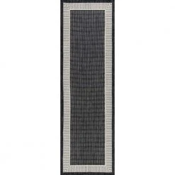 Eco Striped Border Black 3 ft. x 10 ft. Indoor/Outdoor Runner Rug by Tayse Rugs