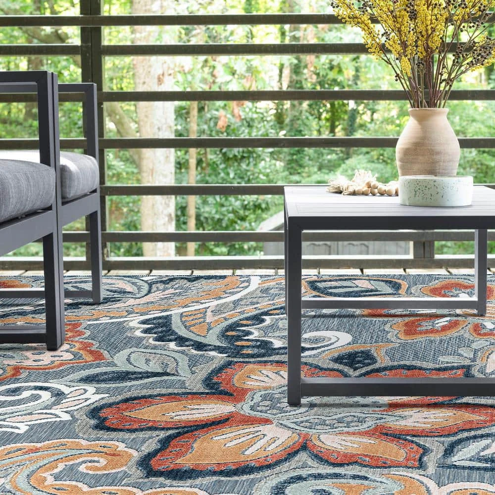 Tropic Floral Dark Blue 8 ft. x 10 ft. Indoor/Outdoor Area Rug by Tayse Rugs 9 Tropic Floral Dark Blue 8 ft. x 10 ft. Indoor/Outdoor Area Rug by Tayse Rugs - Image 7