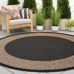 Eco Striped Border Gold 6 ft. Round Indoor/Outdoor Area Rug by Tayse Rugs -Malibu Wide Plank Shop gold tayse rugs outdoor rugs eco1101 6rnd 31 1000