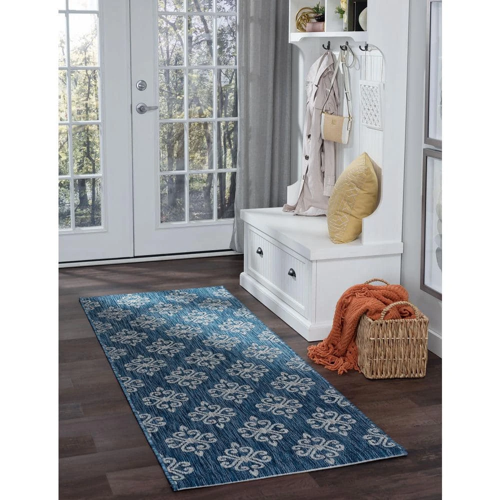 Veranda Geometric Indigo 3 ft. x 8 ft. Indoor/Outdoor Runner Rug by Tayse Rugs 4 Veranda Geometric Indigo 3 ft. x 8 ft. Indoor/Outdoor Runner Rug by Tayse Rugs - Image 2